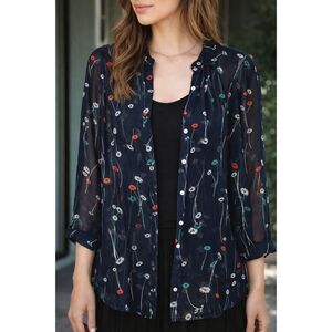 Banana Republic Sheer Navy Floral Blouse Boho Chic Romantic Top Medium